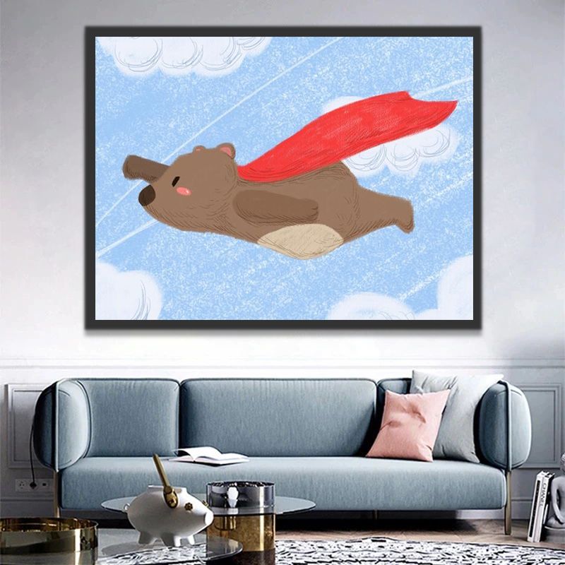 Dibujo de Oso Superman Volando en el Cielo Pintar por Números Niños