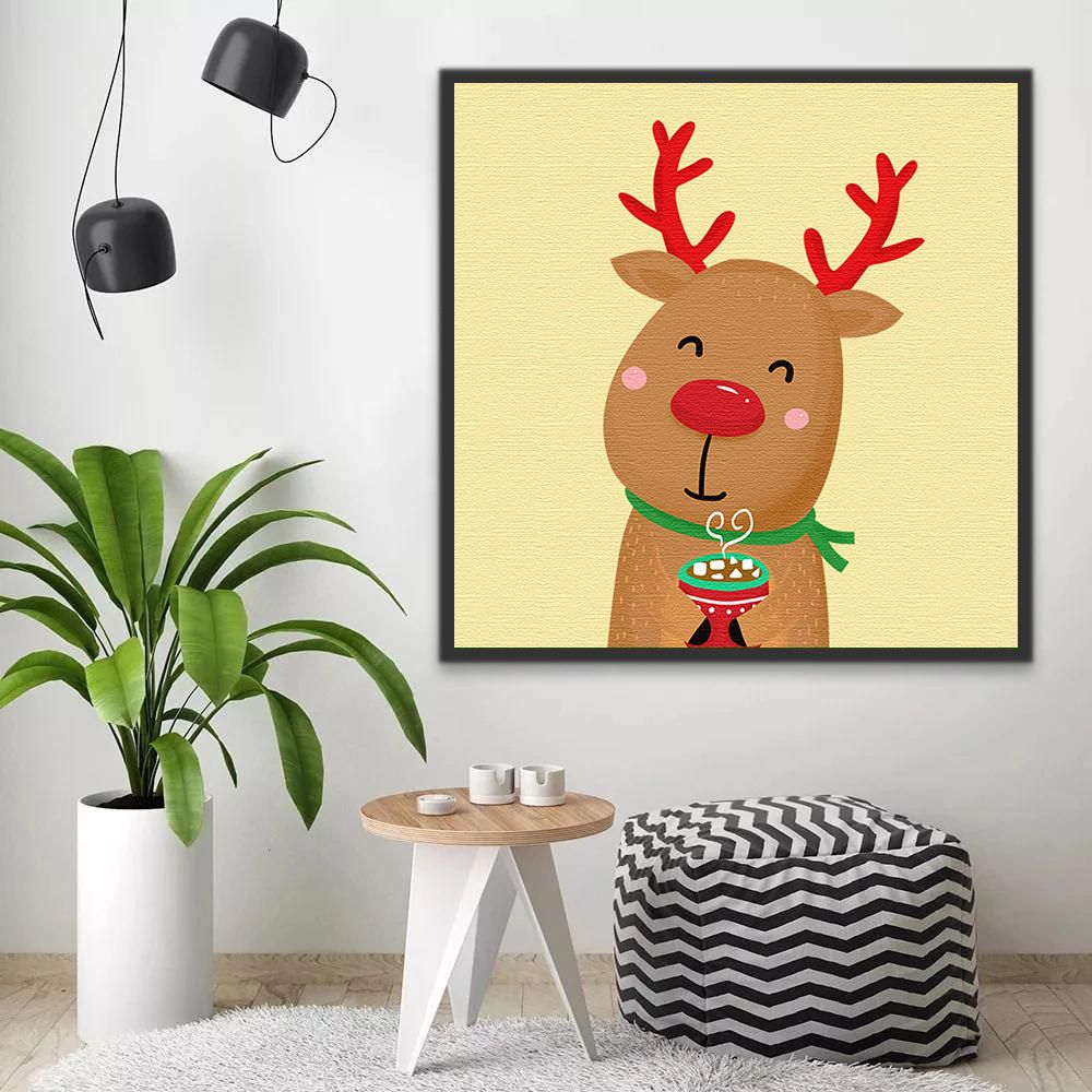 Dibujo de Reno de Navidad Adorable con Café en la Mano Pintar por Números Niños