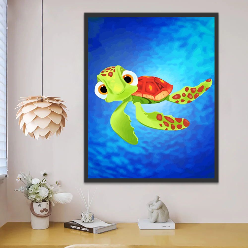 Dibujo de Tortuga Marina Linda Verde en el Mar Pintar por Números Niños