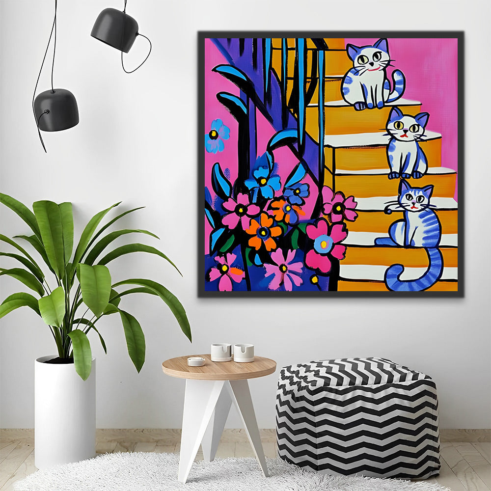 Dibujo de Tres Gatitos sobre Escalera con Flores Pintar por Números