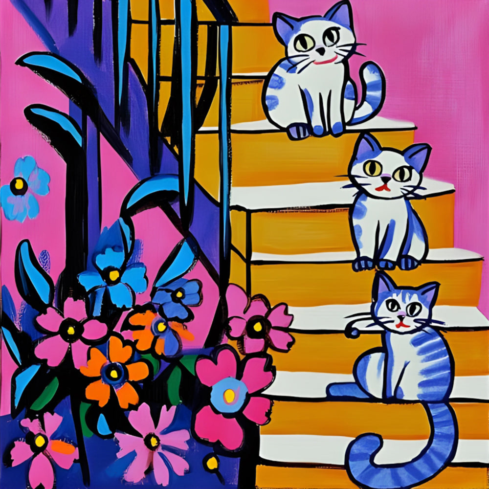 Dibujo de Tres Gatitos sobre Escalera con Flores Pintar por Números
