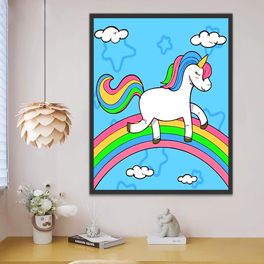 Dibujo de Unicornio sobre Arco Iris Pintar por Números Niños