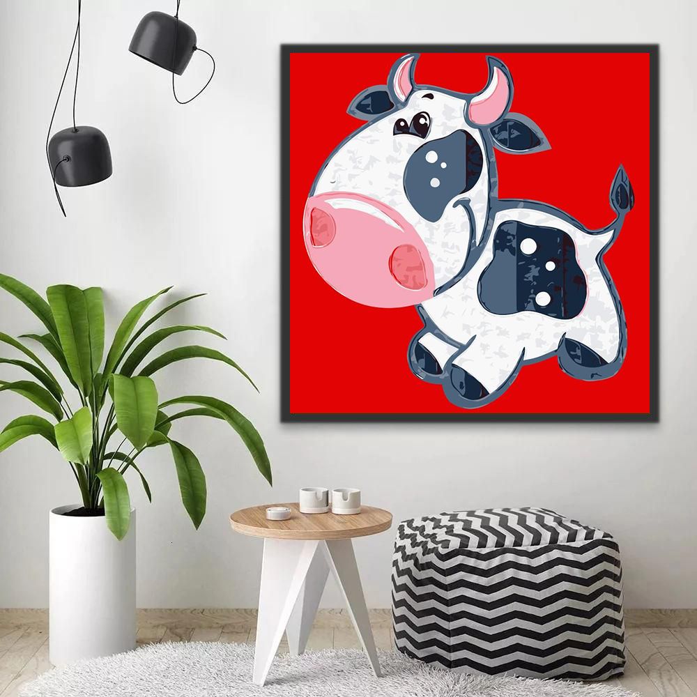 Dibujo de Vaca Lechera Pequeña Linda con Fondo Rojo Pintar por Números Niños