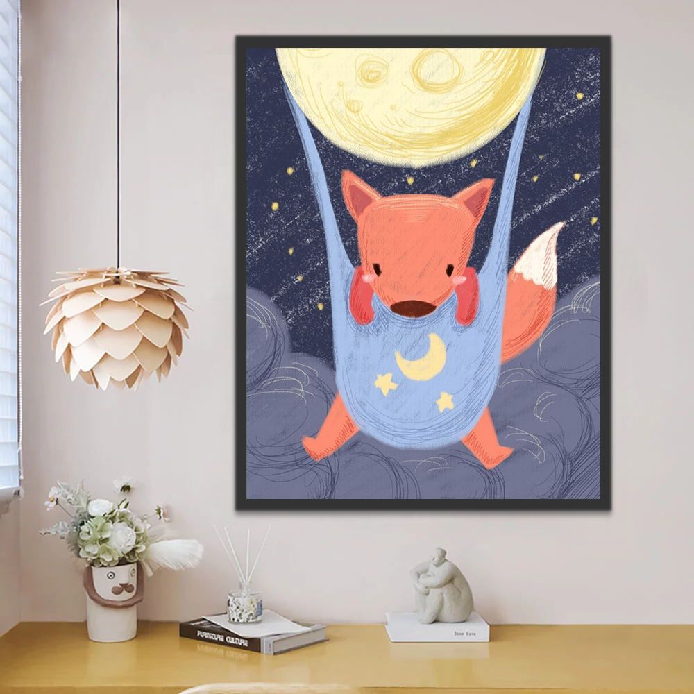 Dibujo de Zorro Lindo Colgando Bajo la Luna Pintar por Números Niños