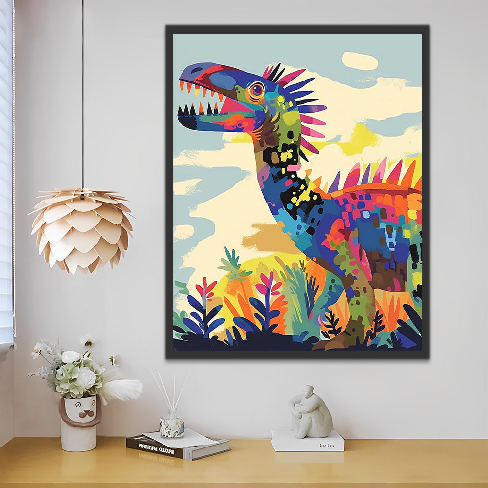 Dinosaurio de Colores Brillantes Mirando Cielo Azul Pintar por Números