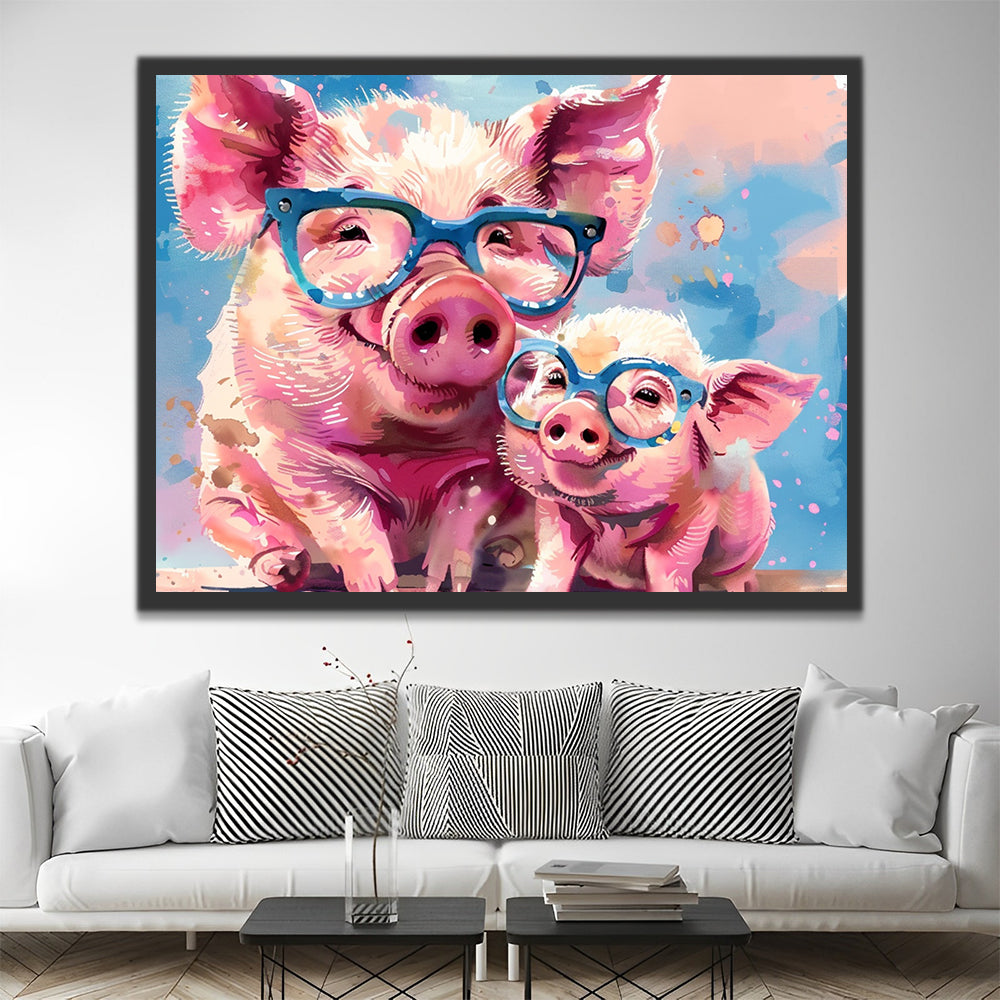 Dos Cerdos Rosados Lindos con Gafas Azules Pintar por Números