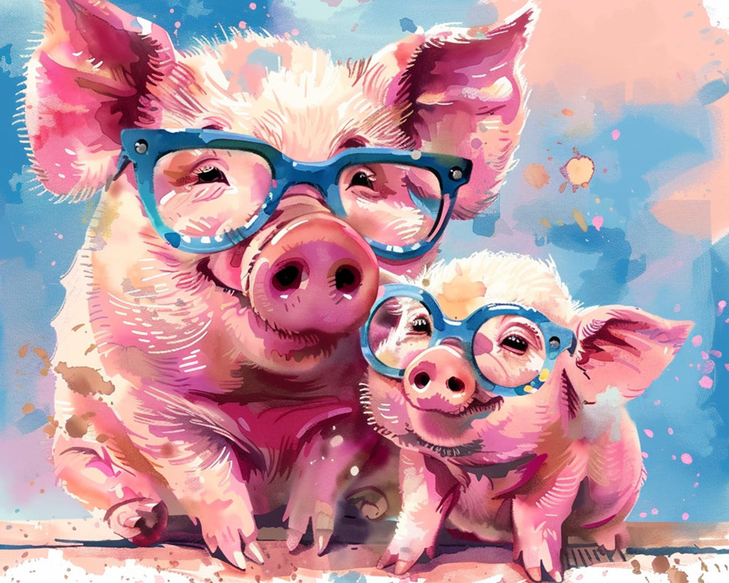 Dos Cerdos Rosados Lindos con Gafas Azules Pintar por Números