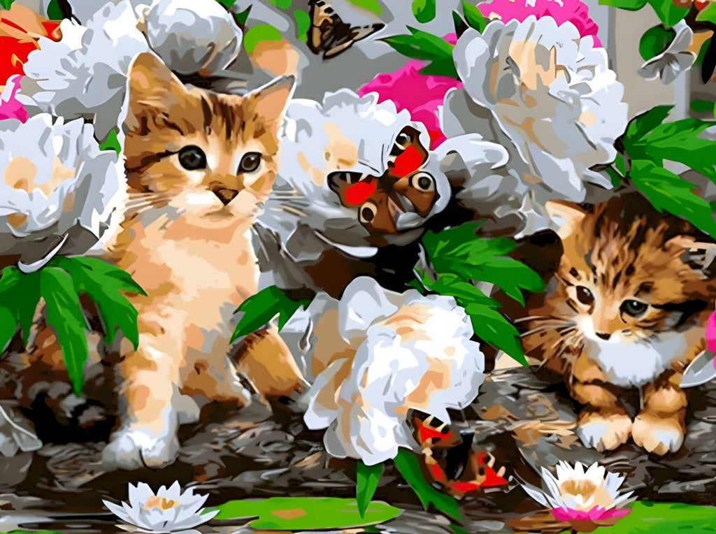 Dos Gatos Jugando con Mariposa en las Flores Pintar por Números