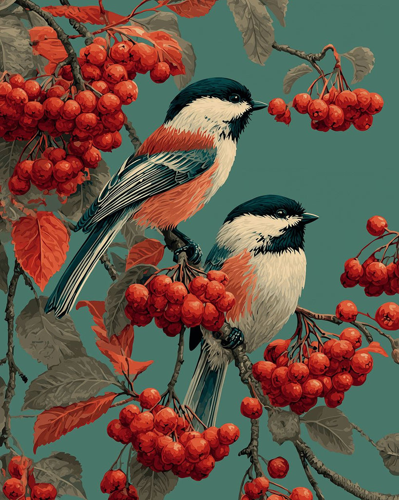 Dos Gorriones en Árbol de Bayas Rojas Pintar por Números