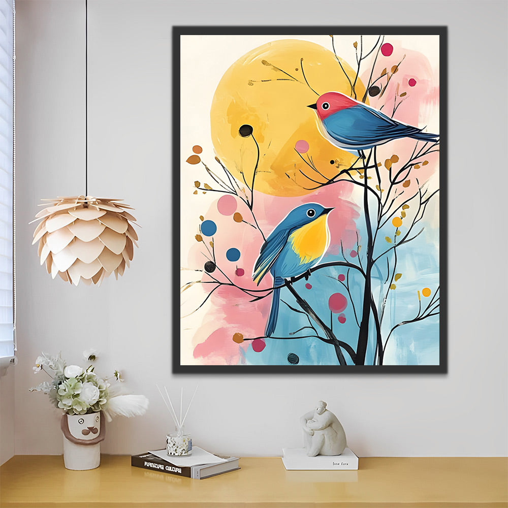 Dos Pajaritos Adorables sobre Árbol y la Luna Pintar por Números