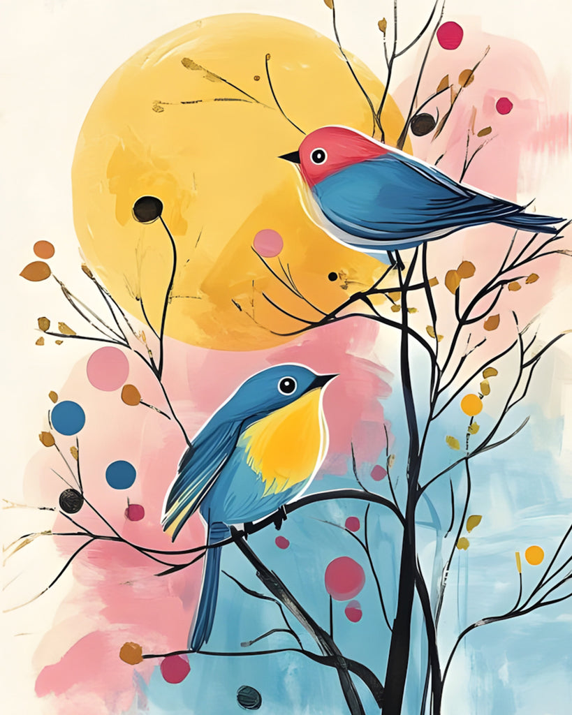 Dos Pajaritos Adorables sobre Árbol y la Luna Pintar por Números
