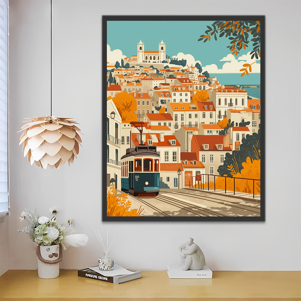 Edificios Blancos y Tranvía Pintar por Números