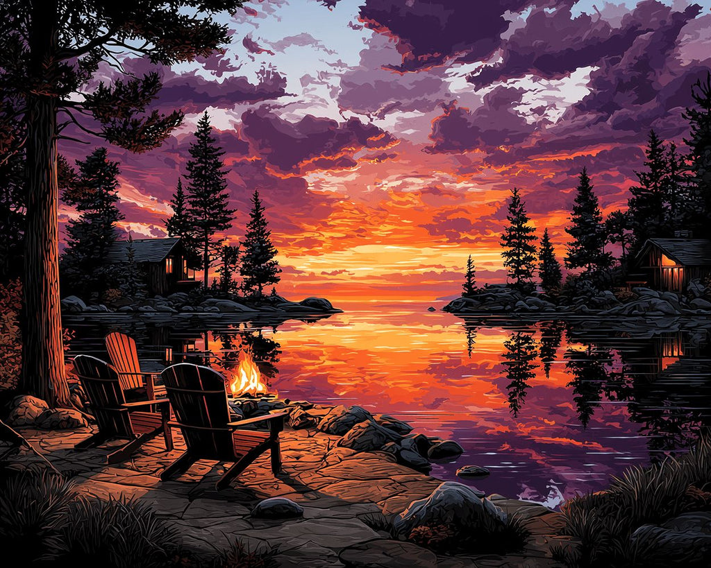El Lago del Bosque bajo las Nubes de Fuego Pintar por Números