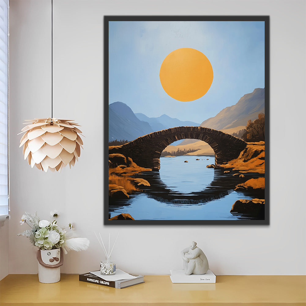 El Sol en el Cielo y Puente sobre Río con Montañas en el Fondo Pintar por Números