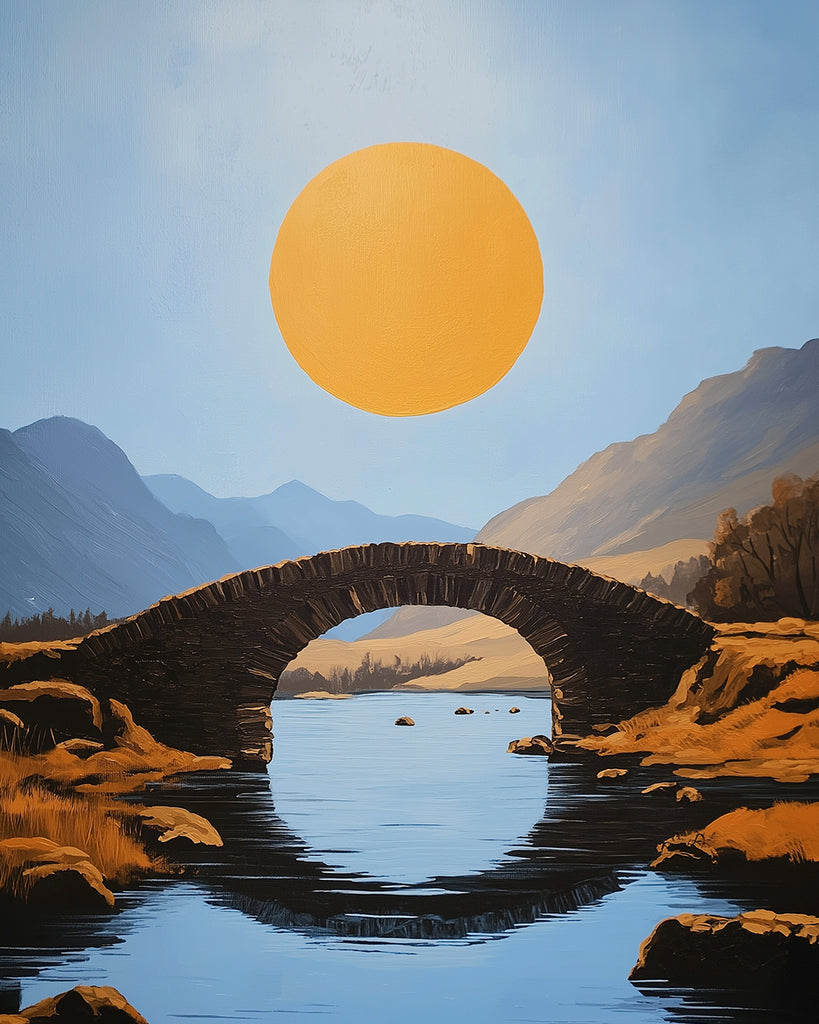 El Sol en el Cielo y Puente sobre Río con Montañas en el Fondo Pintar por Números