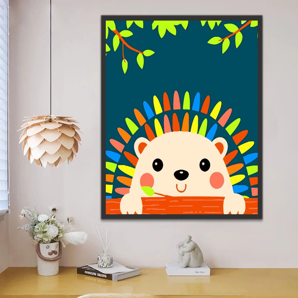 Erizo Colorido Adorable y Ramas de Hojas Verdes Pintar por Números Niños