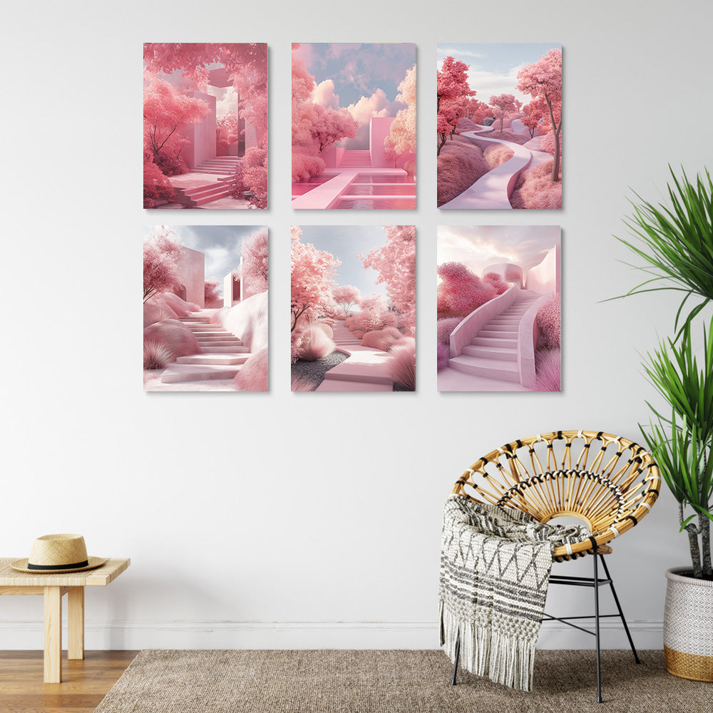 Escalera con Paisaje Rosado 6 Partes Mini Pintar por Números