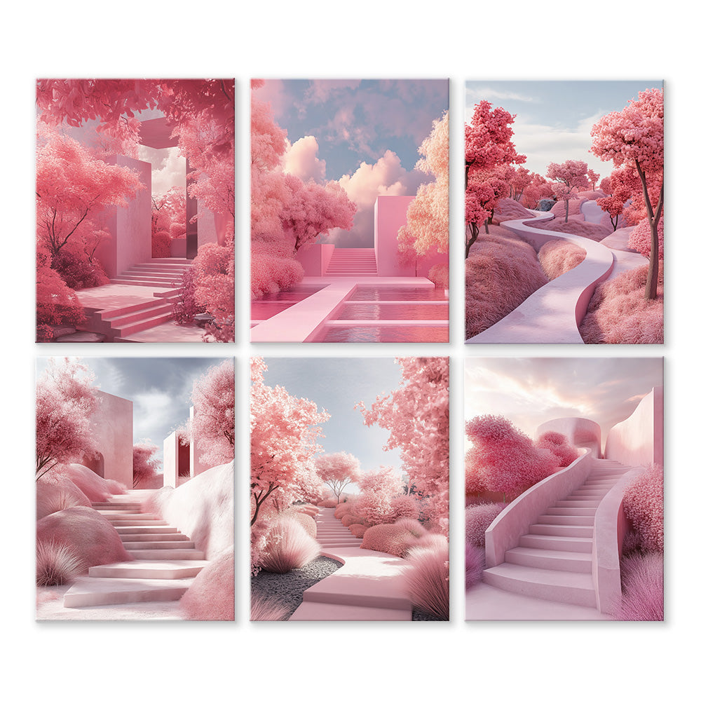 Escalera con Paisaje Rosado 6 Partes Mini Pintar por Números