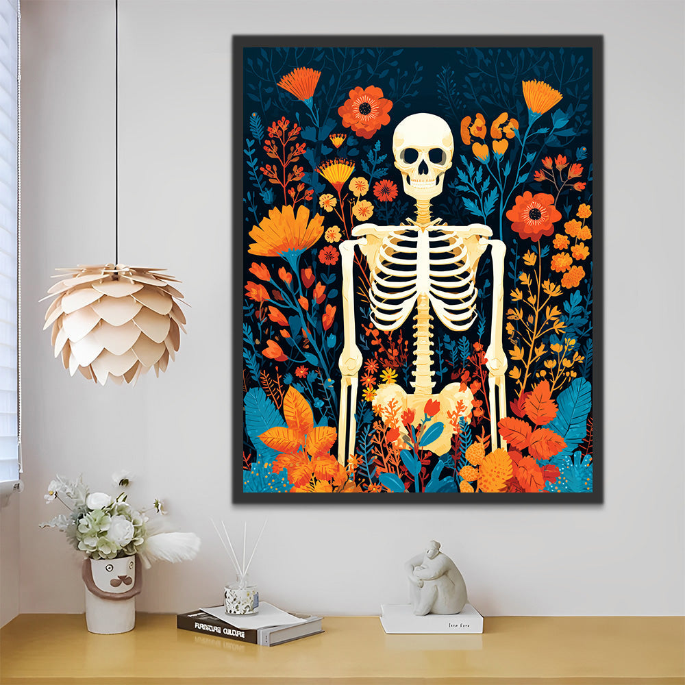 Esqueleto Blanco entre Flores Pintar por Números