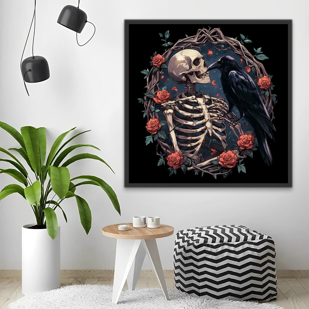 Esqueleto y Cuervo en Marco Floral Pintar por Números