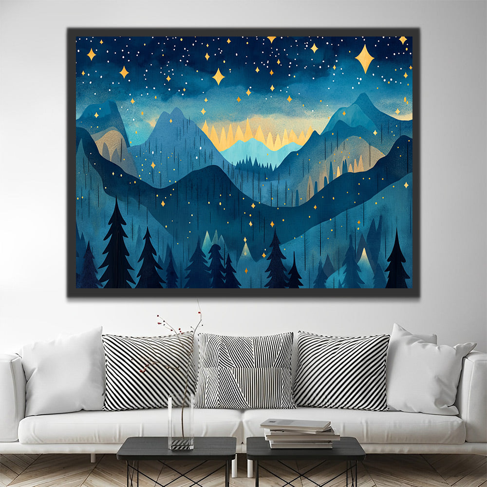Estrellas sobre Montañas y Bosque Pintar por Números