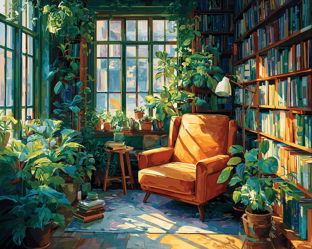 Estudio Lleno de Plantas Verdes y Libros Pintar por Números