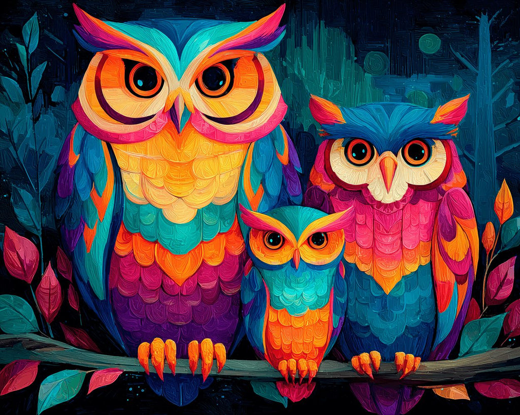 Familia de Tres Búhos Coloridos Pintar por Números