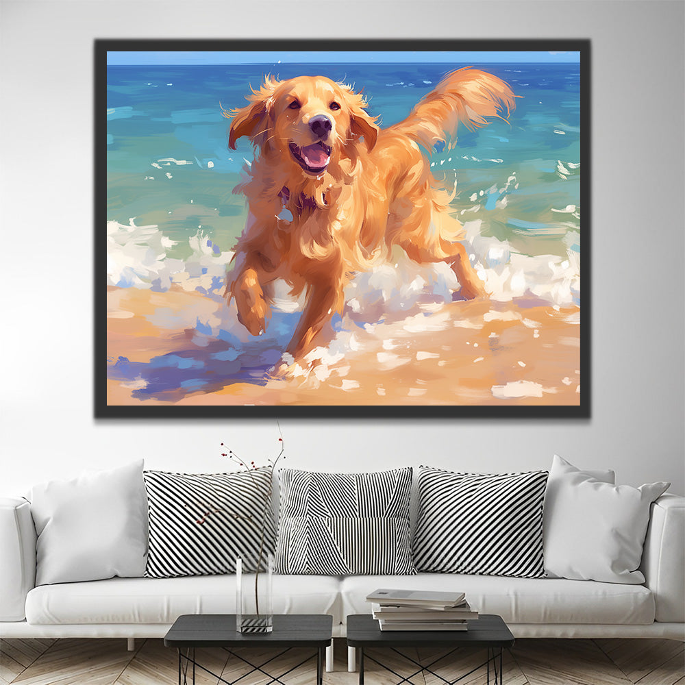 Feliz Golden Retriever Jugando en el Mar Pintar por Números