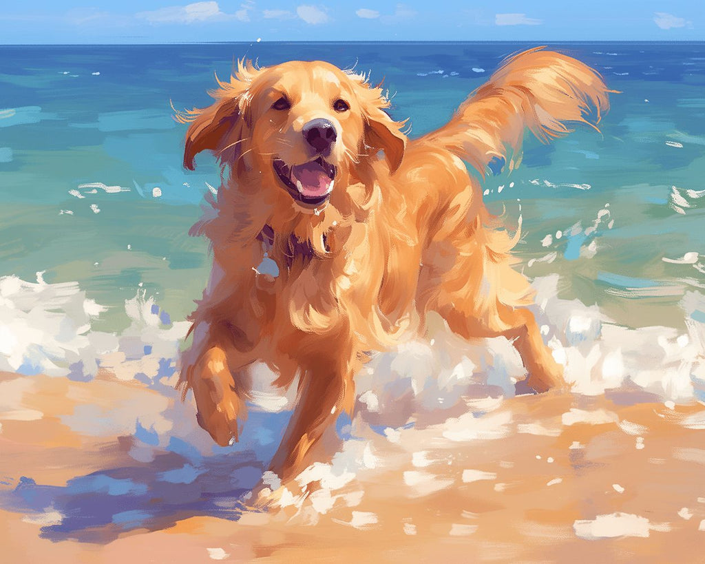 Feliz Golden Retriever Jugando en el Mar Pintar por Números