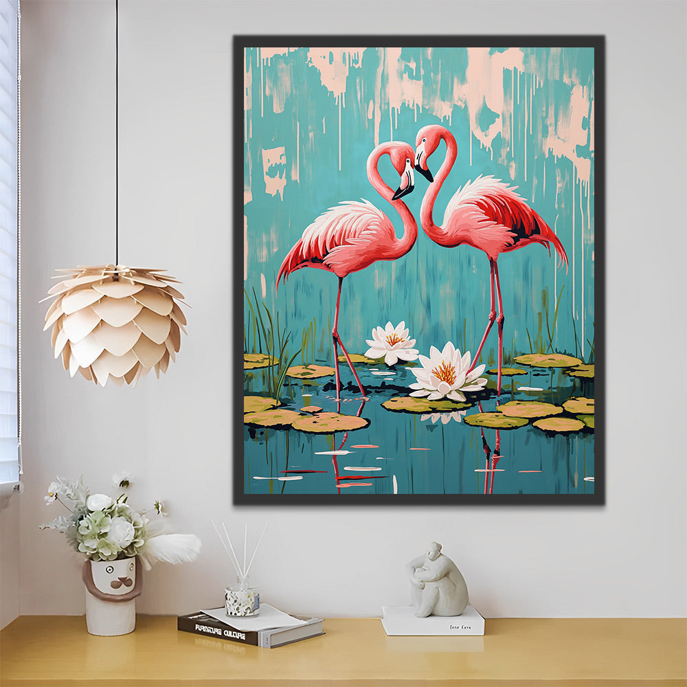 Flamencos Rojos en Amor y Nenúfar en Estanque Pintar por Números