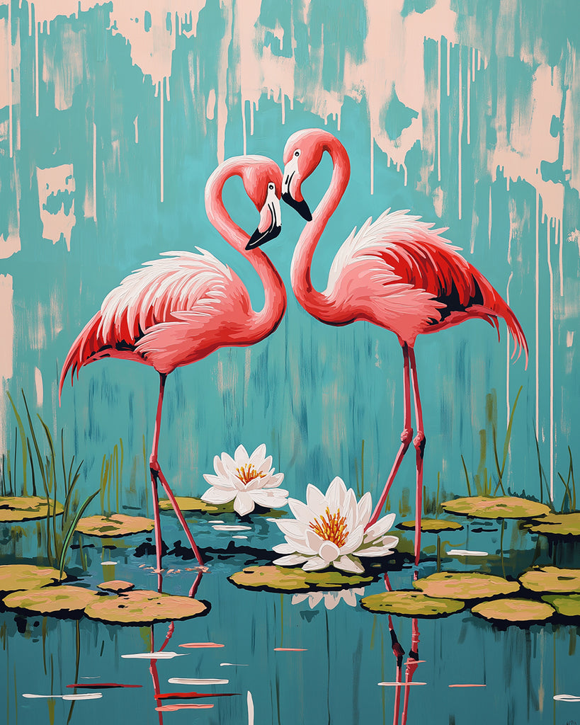 Flamencos Rojos en Amor y Nenúfar en Estanque Pintar por Números