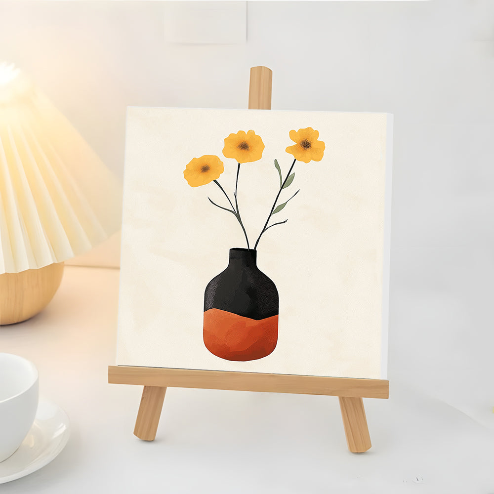 Flores Amarillas en Maceta Anaranjada y Negra Mini Pintar por Números