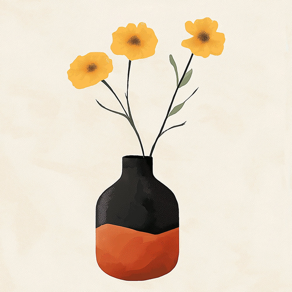 Flores Amarillas en Maceta Anaranjada y Negra Mini Pintar por Números