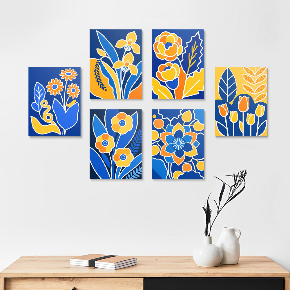 Flores Amarillas sobre Fondo Azul 6 Partes Mini Pintar por Números