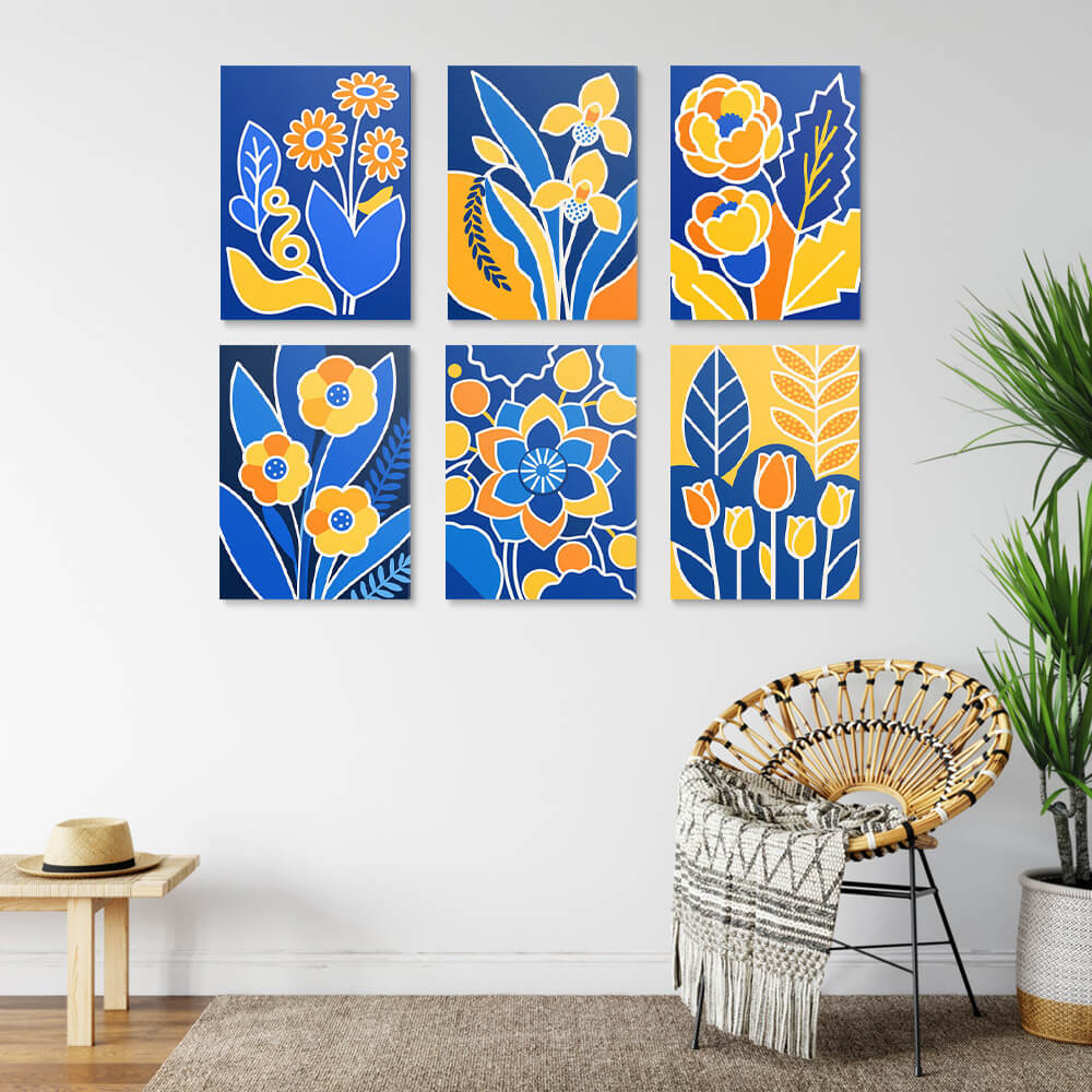 Flores Amarillas sobre Fondo Azul 6 Partes Mini Pintar por Números