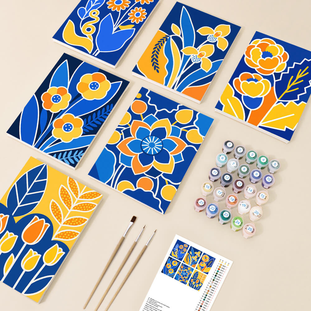 Flores Amarillas sobre Fondo Azul 6 Partes Mini Pintar por Números