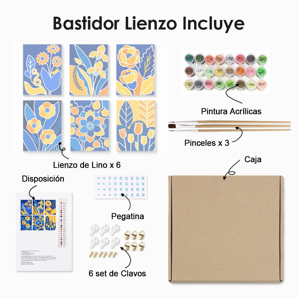 Flores Amarillas sobre Fondo Azul 6 Partes Mini Pintar por Números