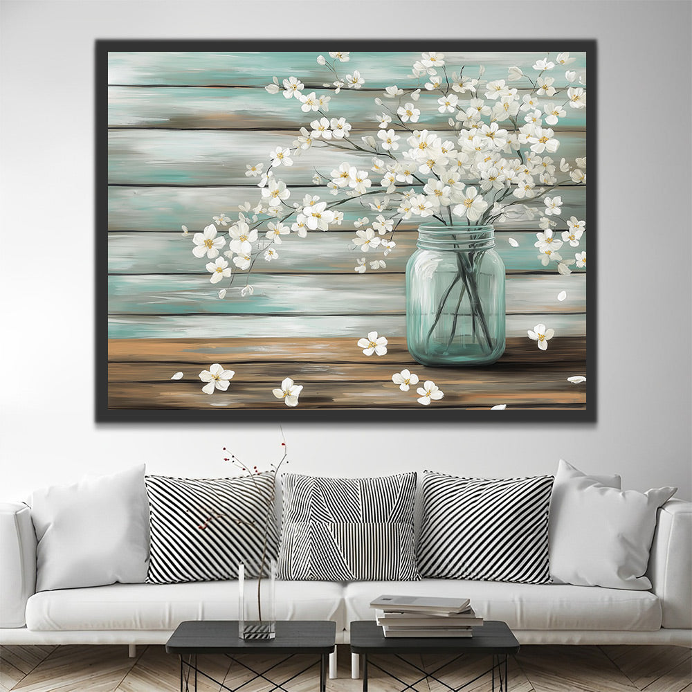 Flores Blancas en Florero con Fondo de Madera Pintar por Números