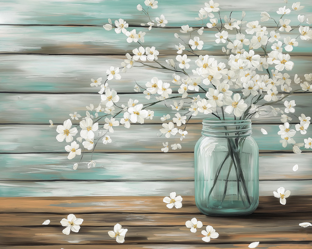 Flores Blancas en Florero con Fondo de Madera Pintar por Números