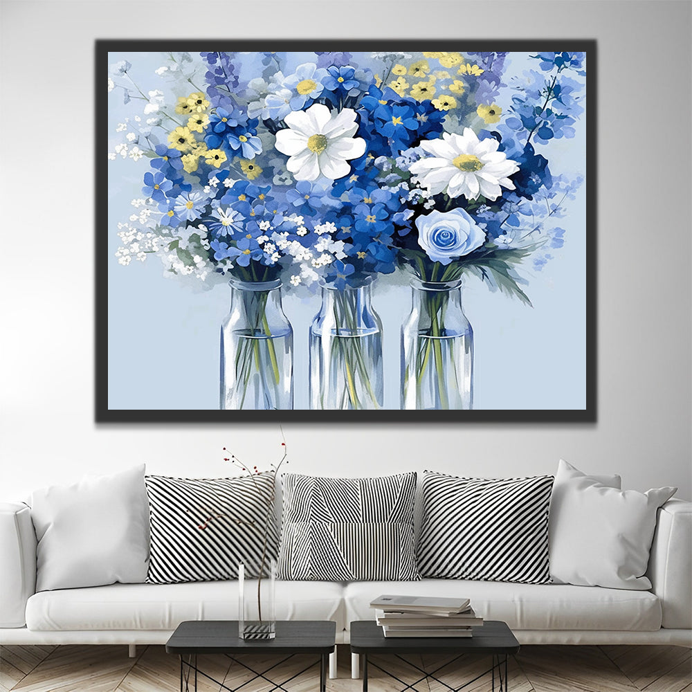 Flores Blancas y Azules en Floreros de Cristal Pintar por Números