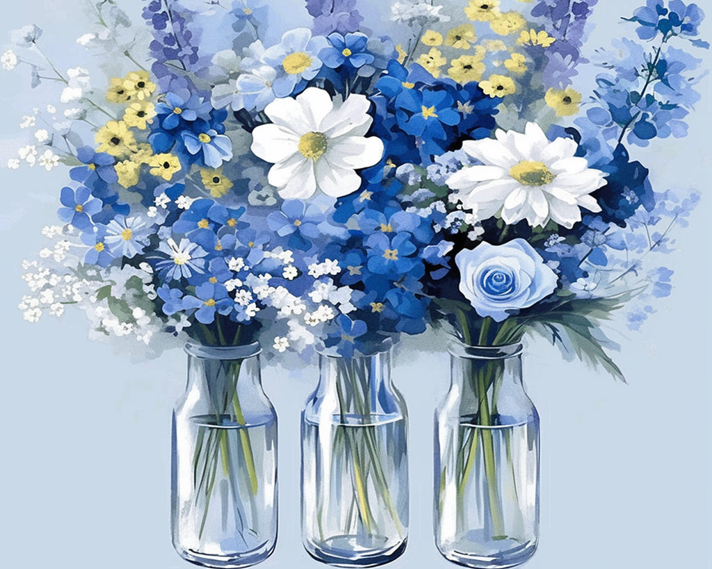 Flores Blancas y Azules en Floreros de Cristal Pintar por Números
