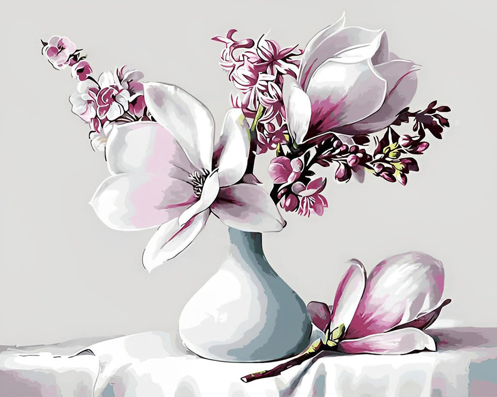 Flores Bonitas de Magnolia en Florero Blanco Pintar por Números