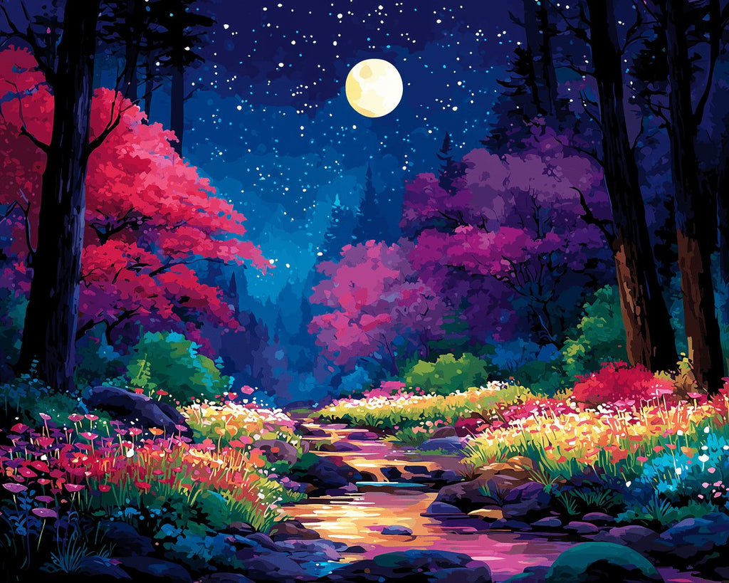 Flores Coloridas y Arroyo en Bosque por la Noche Pintar por Números
