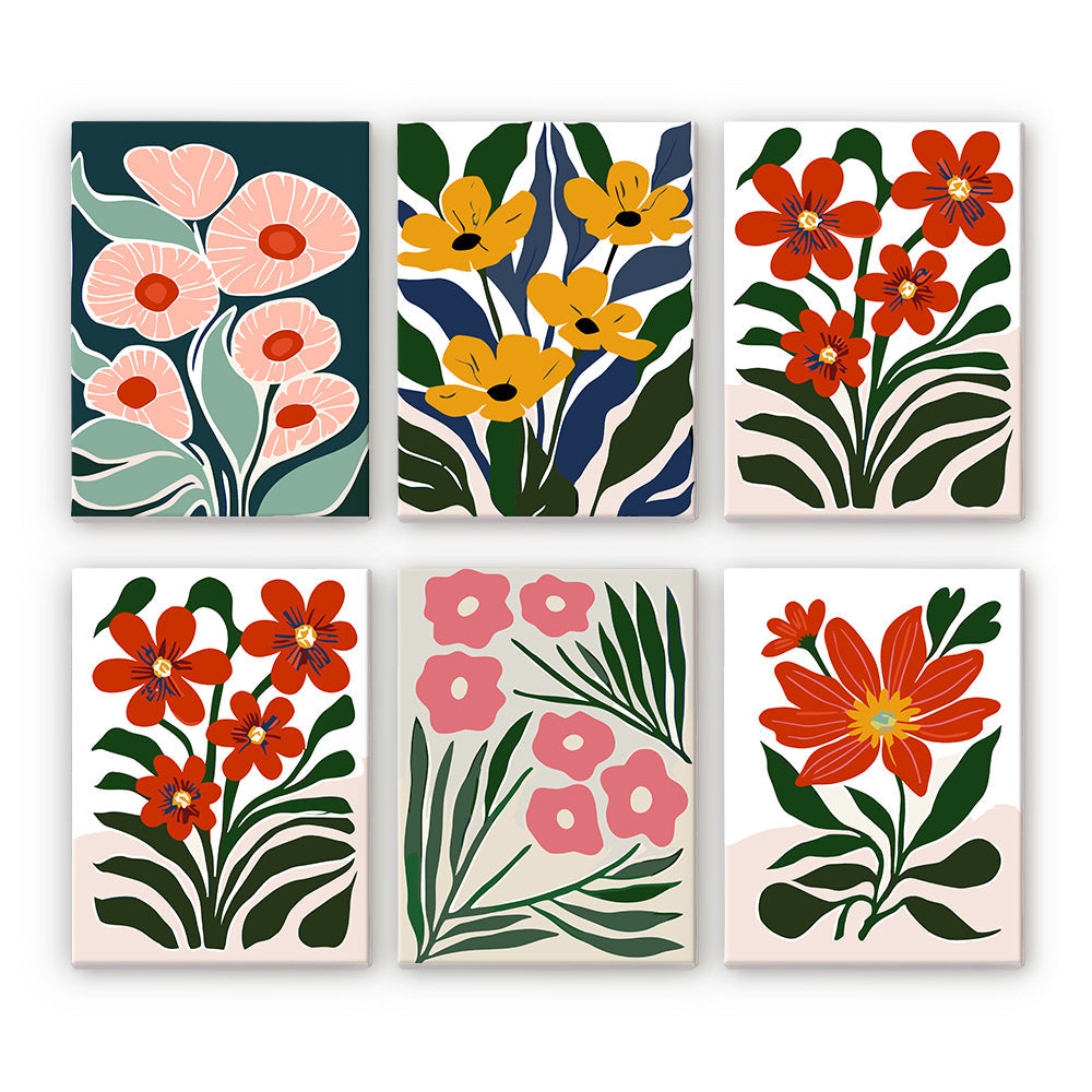 Flores de Colores Brillantes entre Hojas Verdes 6 Partes Mini Pintar por Números