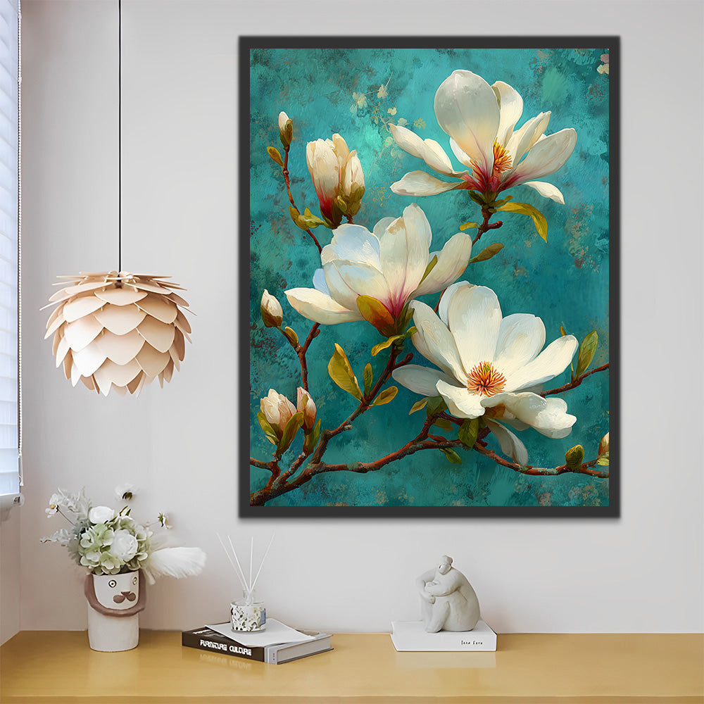 Flores de Magnolia Blanca en Fondo Verde Pintar por Números