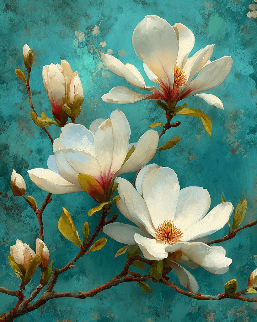 Flores de Magnolia Blanca en Fondo Verde Pintar por Números