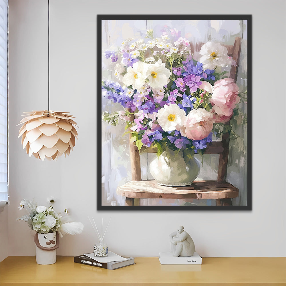 Flores Diversas en Florero Blanco sobre Silla Pintar por Números