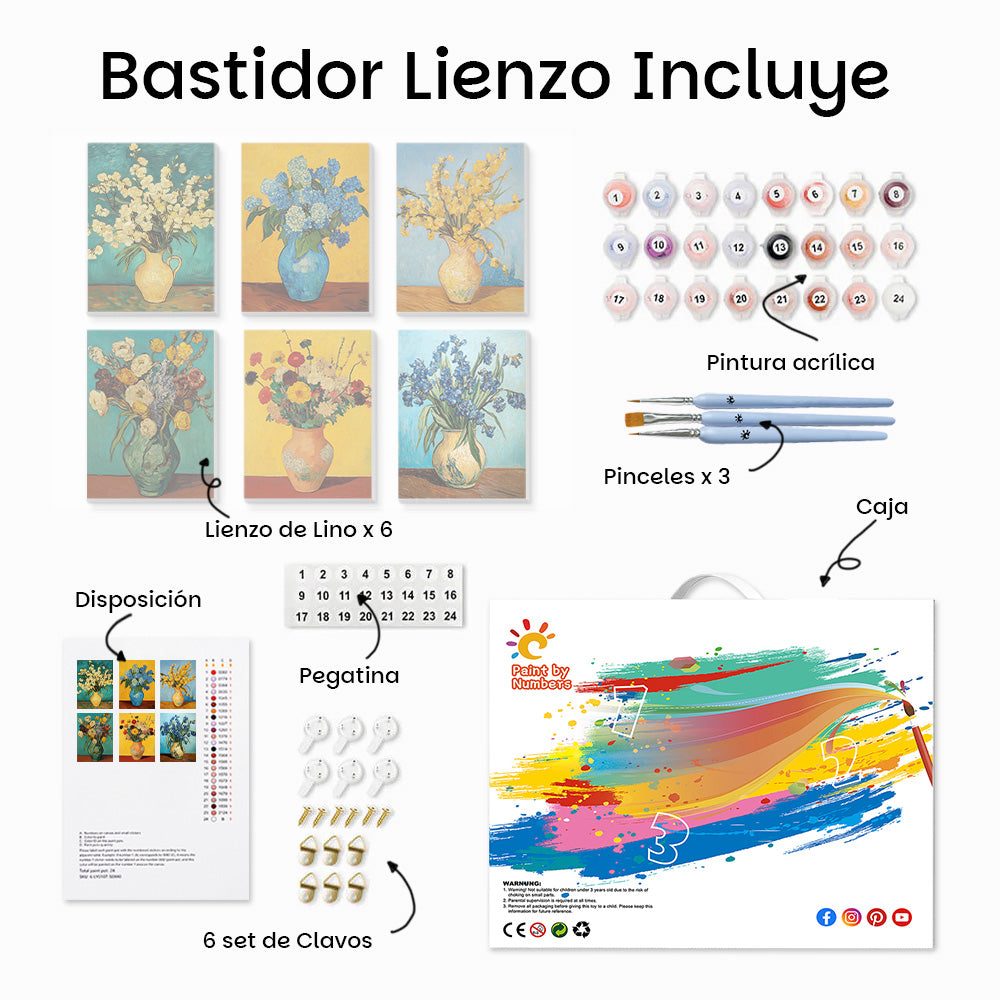 Flores en Floreros al Estilo de Van Gogh 6 Partes Mini Pintar por Números