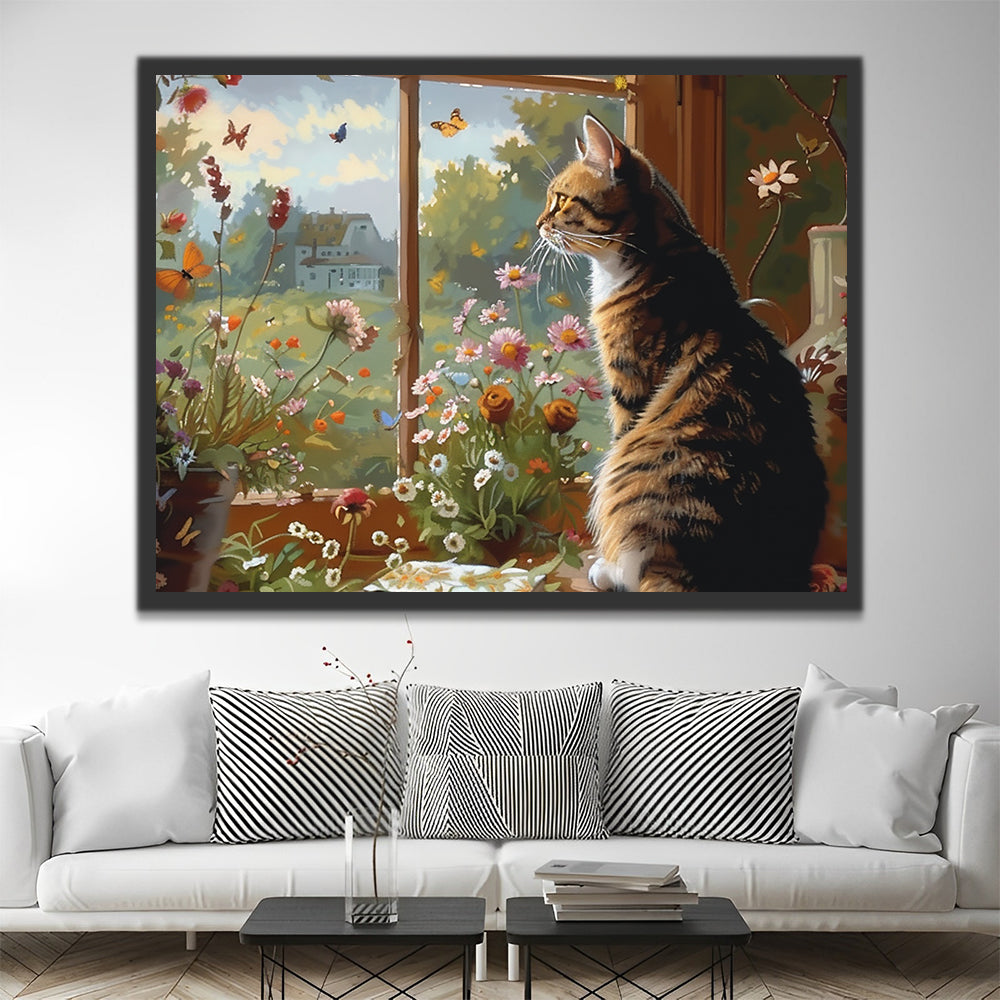 Flores en Maceta y Gato Mirando por la Ventana Pintar por Números