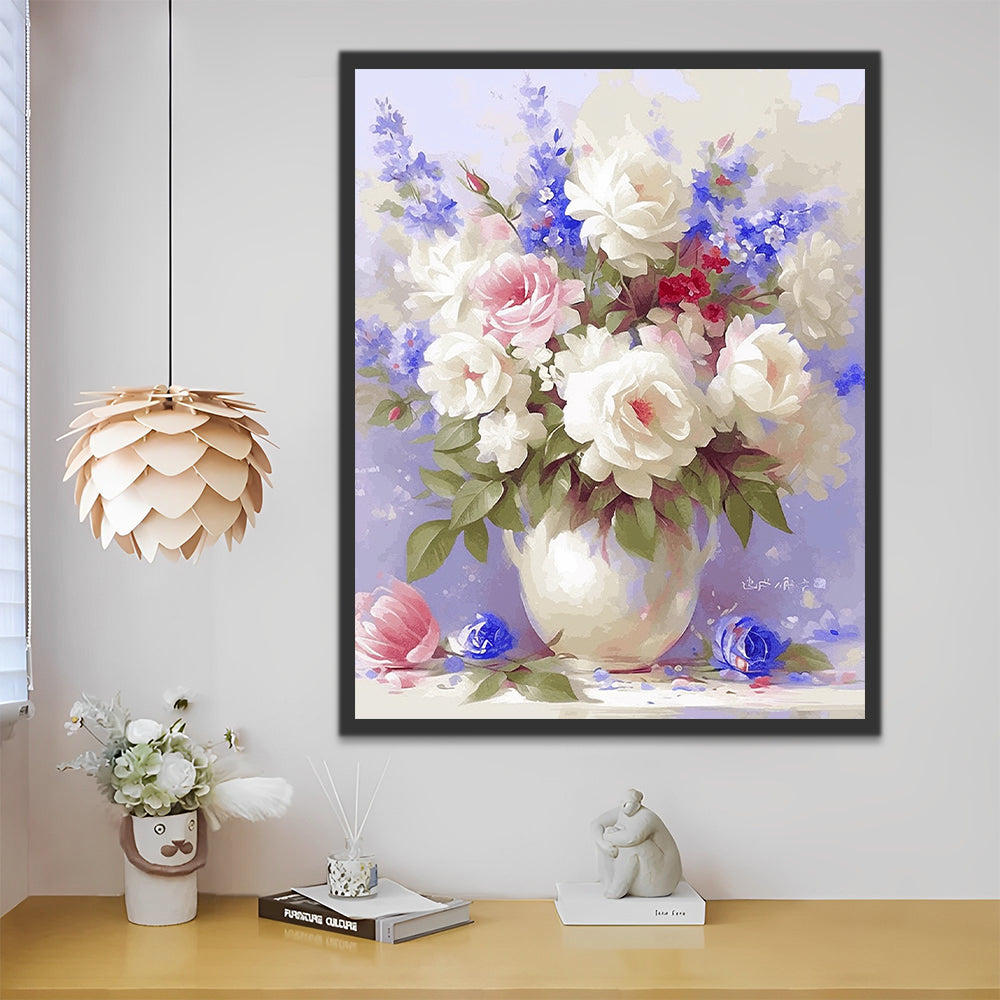 Flores Moradas y Blancas en Florero Blanco Redondo Pintar por Números